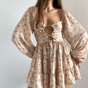 RESA | "Lyla" lace-up cream floral satin long sleeve cut-out mini dress | Size M